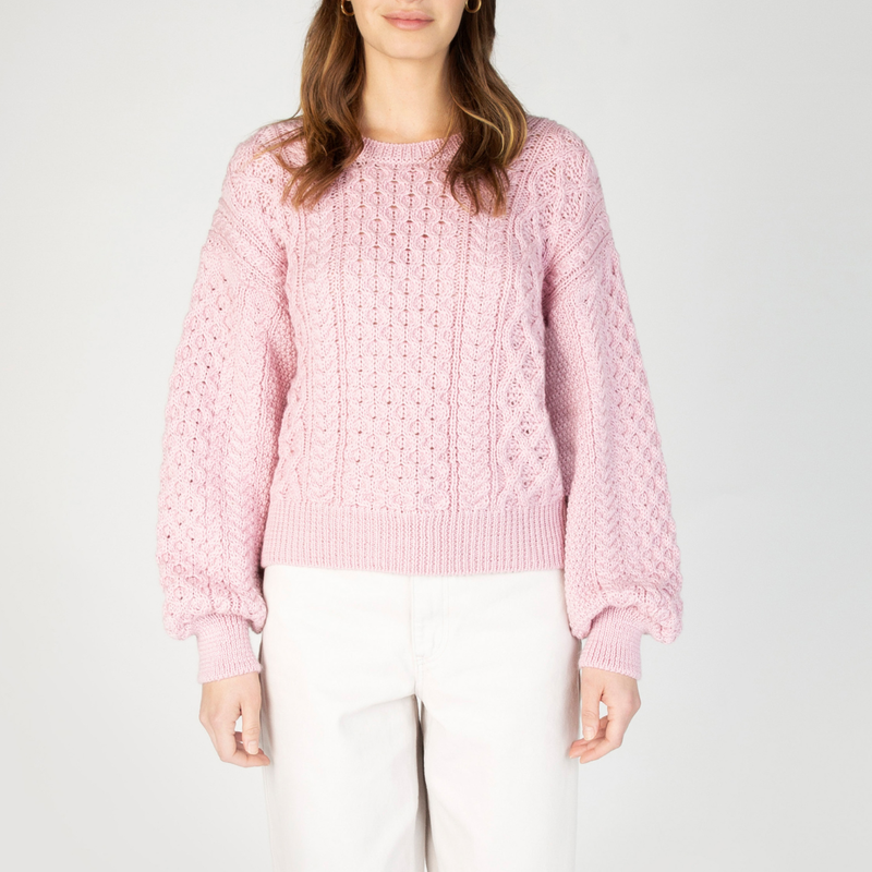 IrelandsEye Knitwear Honeysuckle Cropped Aran Sweater, Pink Colour